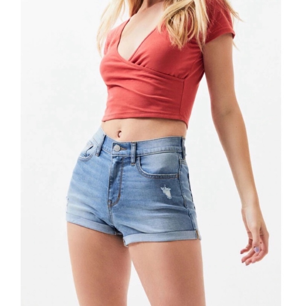 PACSUN Shorts Lightwash denim high rise super stretch cuffed Shortie 24 - Picture 3 of 9